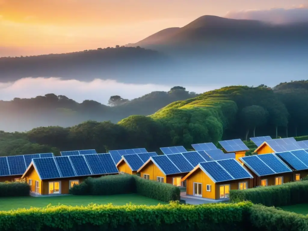 Majestuoso amanecer iluminando casas ecológicas con paneles solares, en armonía con la naturaleza