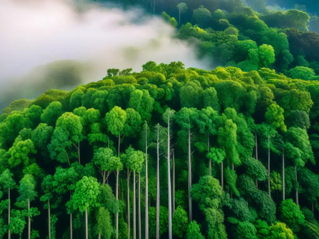 Un majestuoso bosque verde con luz del sol filtrándose entre las copas de los árboles, mostrando la importancia de las colaboraciones sector verde impacto mayor