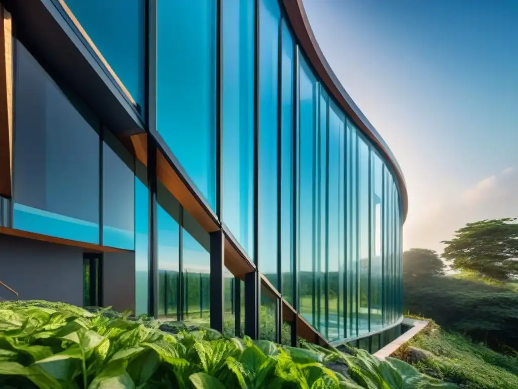 Un majestuoso edificio de arquitectura sostenible construido con vidrio reciclado, reflejando la naturaleza circundante