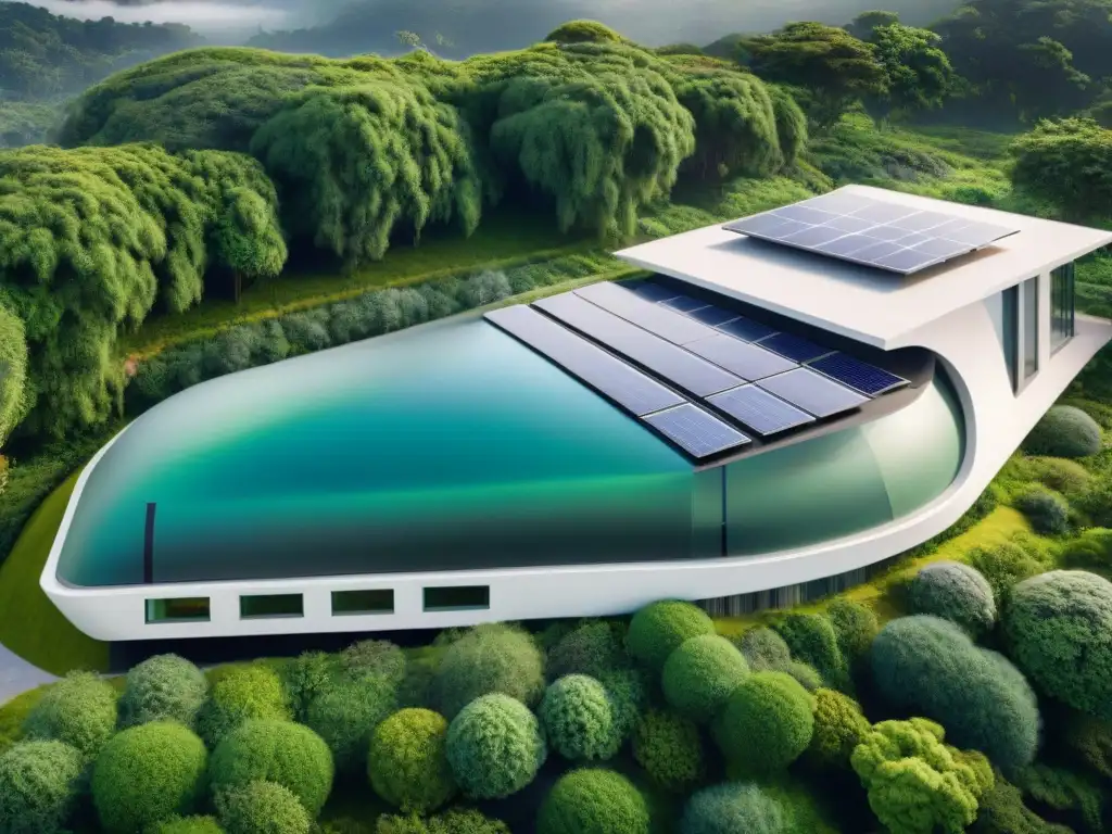 Majestuoso edificio ecoamigable integrado en paisaje verde con paneles solares y techo verde, reflejando innovación y naturaleza