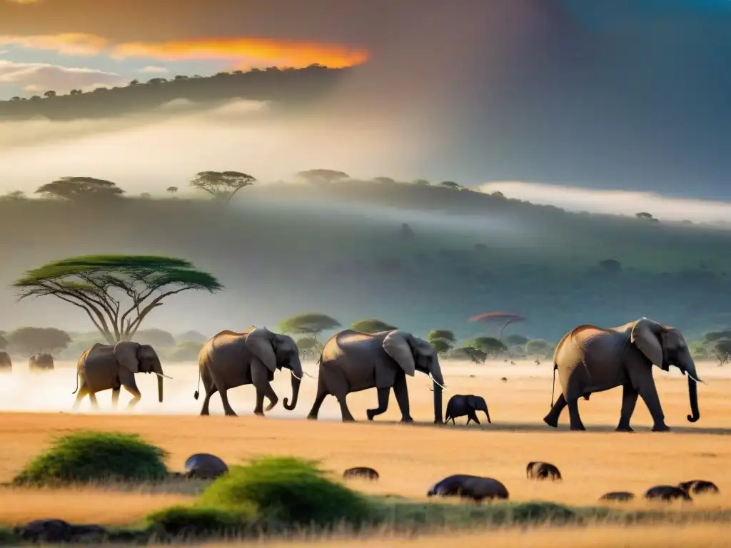 Un majestuoso safari ecológico en África sostenible: elefantes y guerreros Maasai en la sabana al atardecer