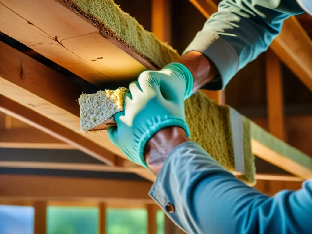 Mano colocando aislante natural entre vigas de casa ecológica en construcción