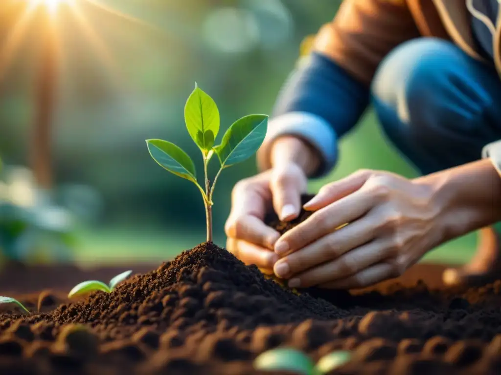 Mano plantando árbol en suelo fértil, con luz dorada filtrándose entre las hojas