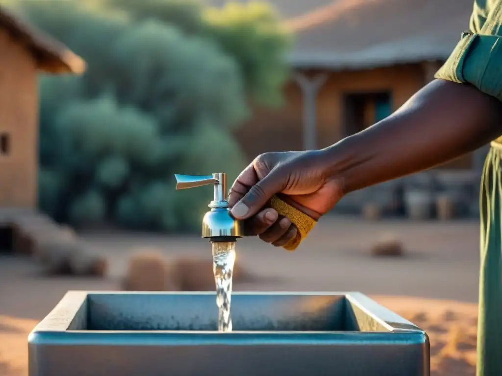 Mano cerrando grifo goteando en aldea reseca, simbolizando urgencia de viviendas sostenibles adaptación crisis agua