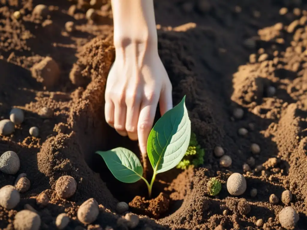 Mano plantando un pequeño árbol en suelo fértil, con raíces entrelazadas, reflejando el diseño sostenible para reducir impacto