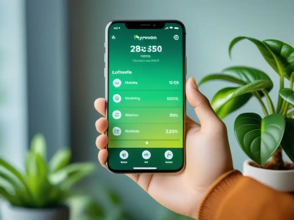 Una mano sostiene un smartphone con una app de hogar verde, en un ambiente moderno y ecofriendly