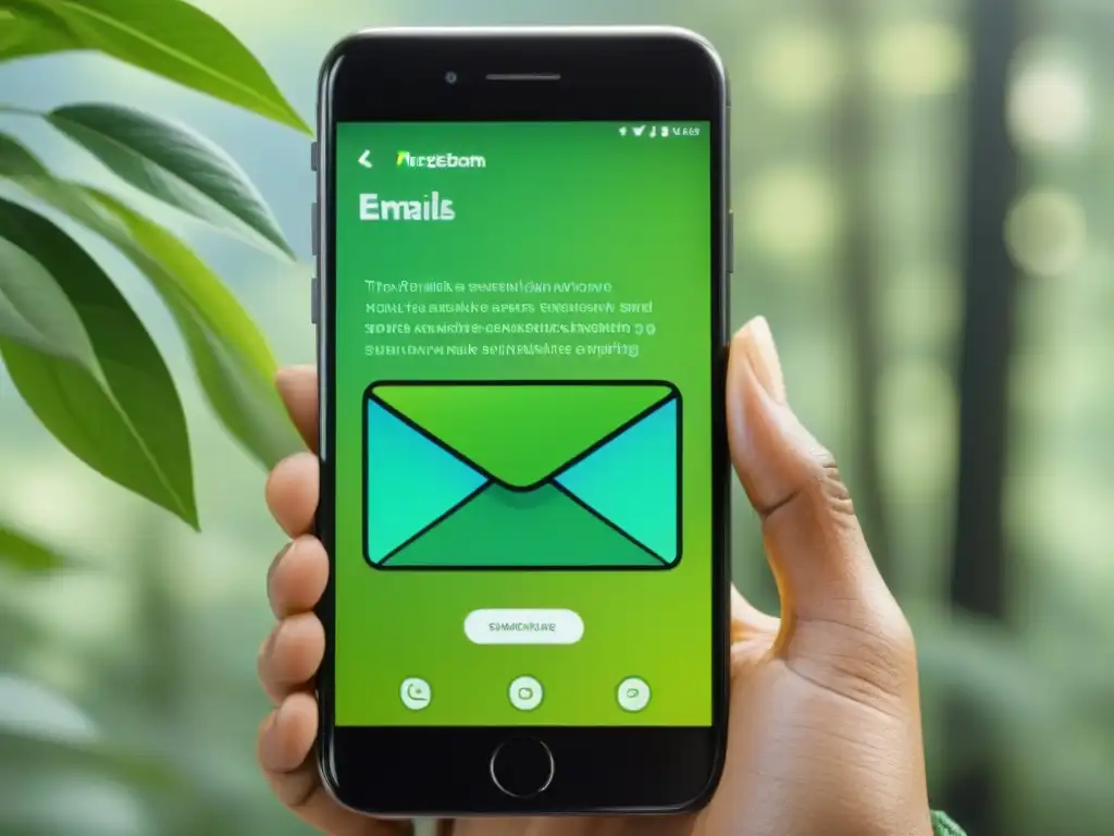 Una mano sostiene un smartphone con emails sobre propiedades sostenibles