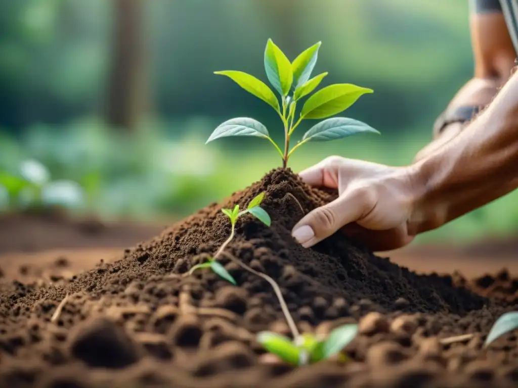 Manos plantando un árbol joven en suelo fértil, mostrando raíces delicadas en un bosque verde