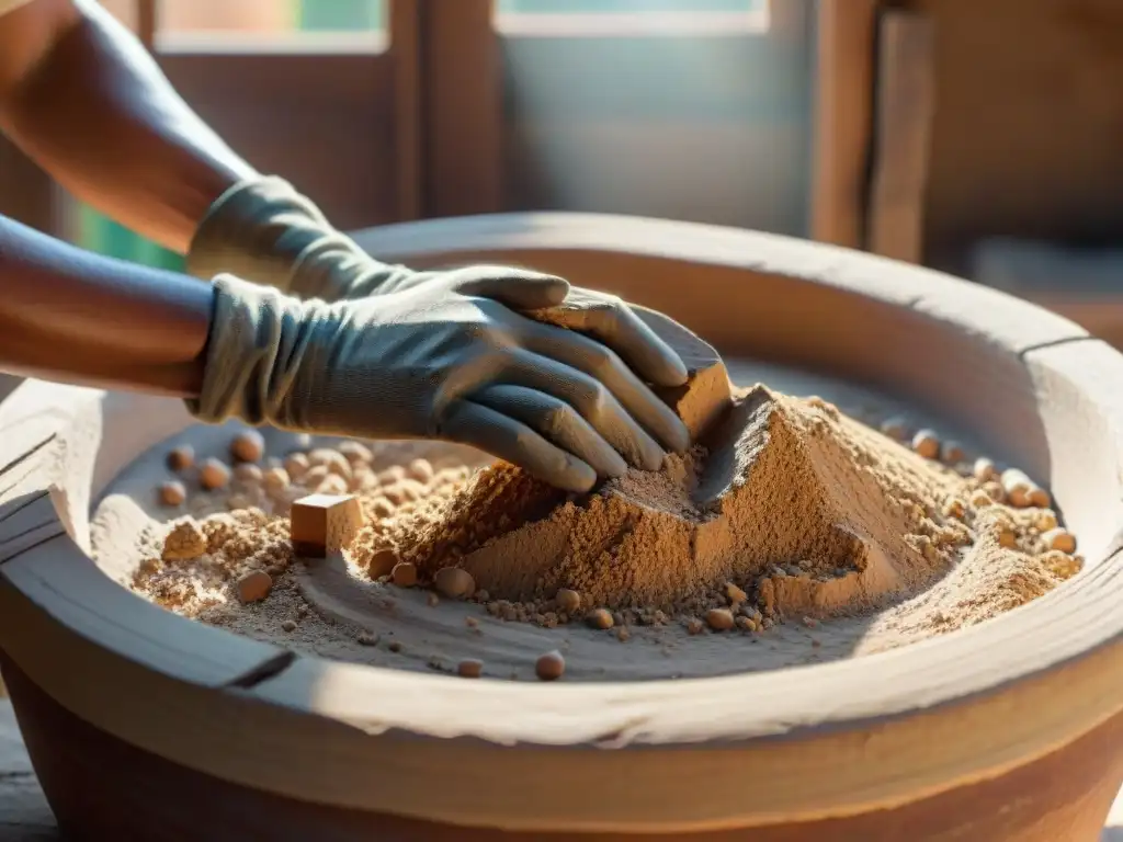 Manos mezclando arcilla y paja en un recipiente de madera para crear ladrillos de adobe