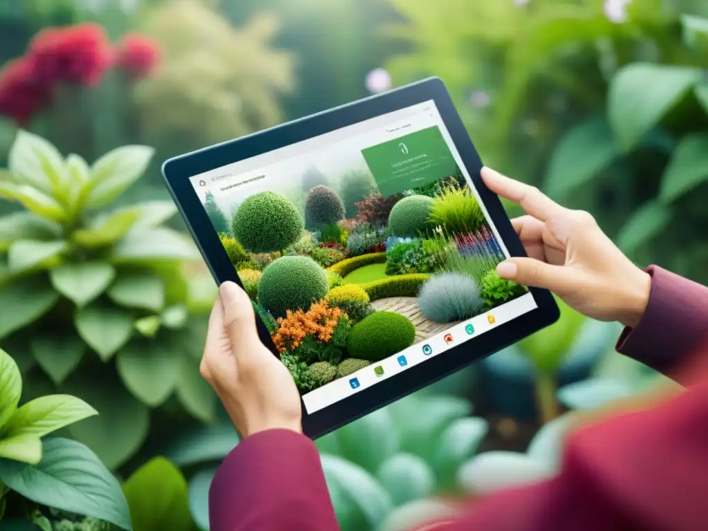 Manos de arquitecta paisajista sostienen tablet con diseño de jardín 3D, integrando tecnologías jardinería sostenible futuro