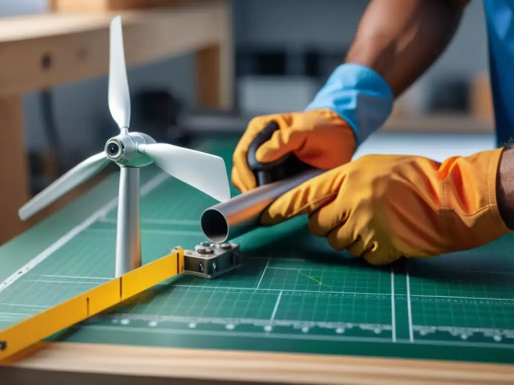 Manos ensamblan con precisión las aspas de una turbina eólica casera en un taller iluminado, reflejando el espíritu de construir turbina eólica hogar