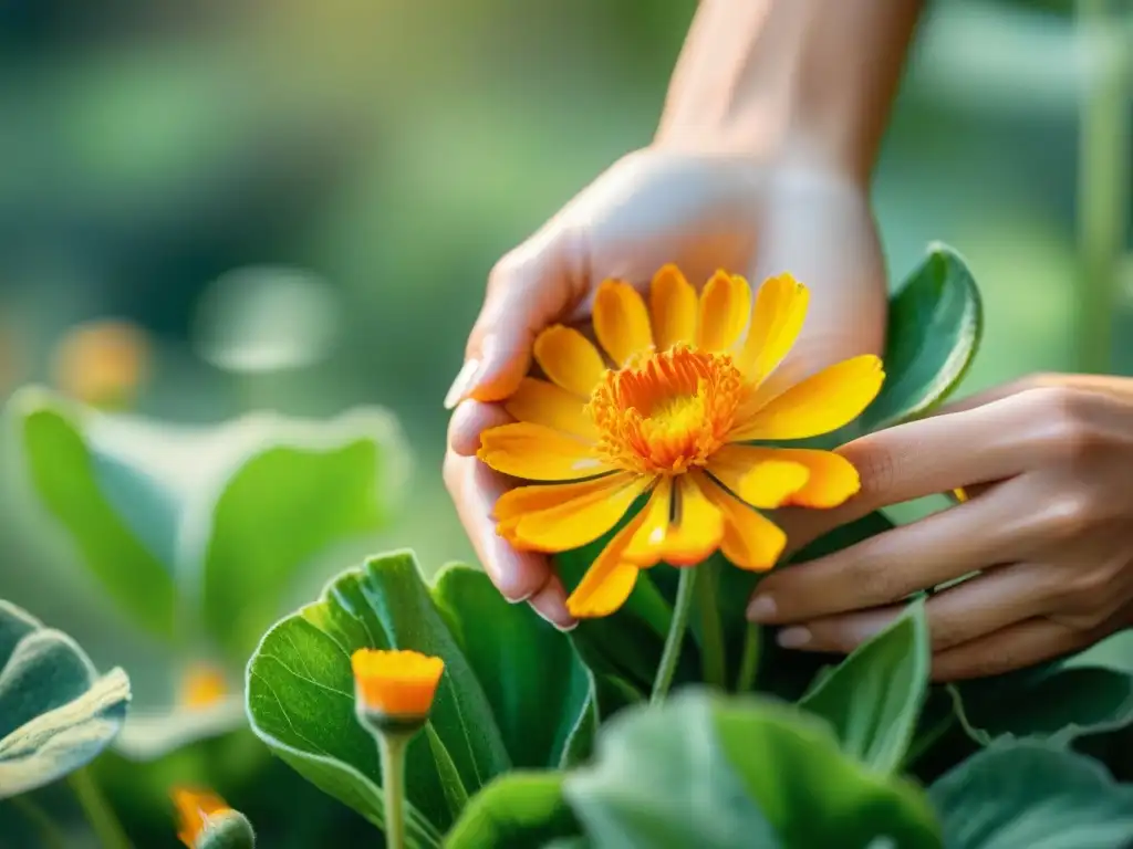 Manos recolectando caléndula para marca cosmética sostenible ecológica en jardín botánico