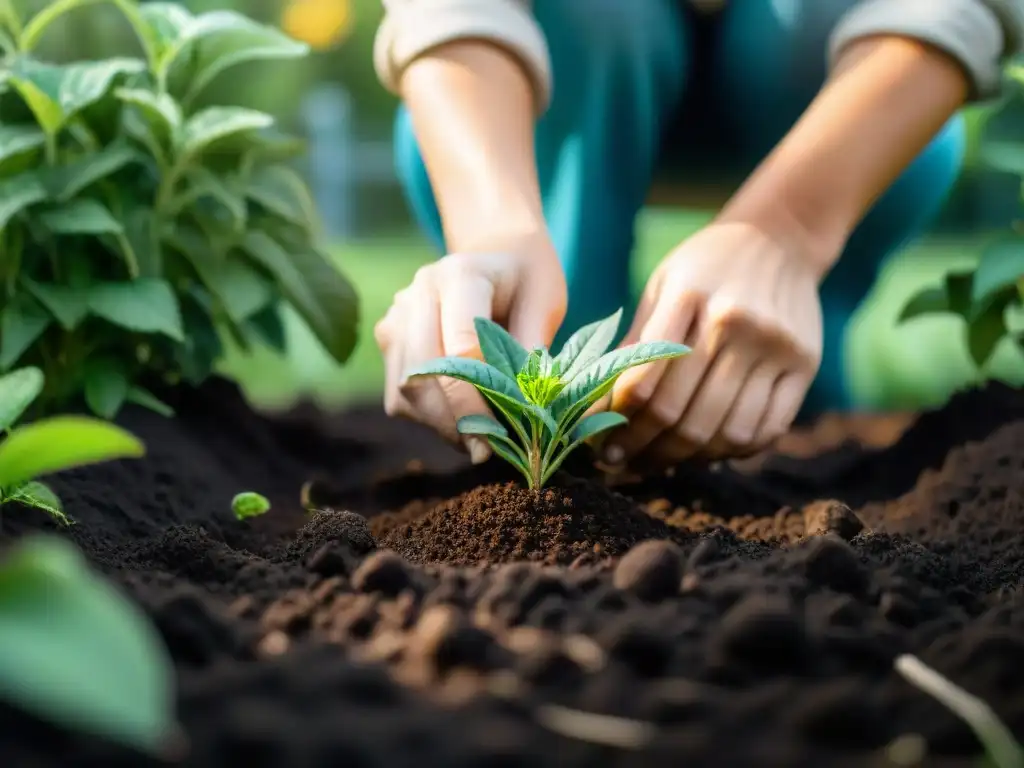 Manos cuidadosas plantan arbusto nativo en suelo fértil, reflejando los principios de diseño de jardines sostenibles