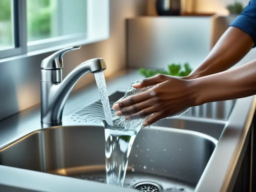 Manos cuidadosas detienen fuga de agua en fregadero, transmitiendo urgencia y acción para ilustrar estrategias ahorro agua hogar