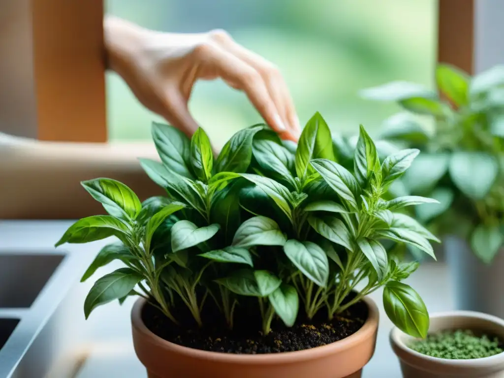 Unas manos cuidadosas cosechan hojas frescas de albahaca en un jardín de hierbas