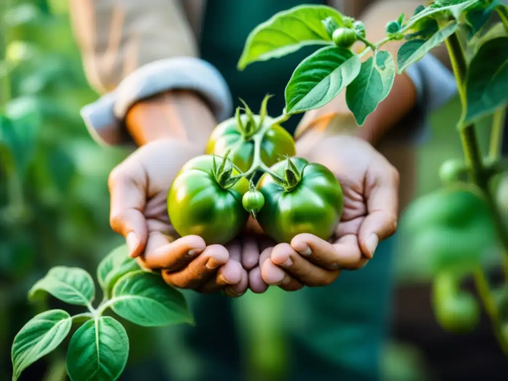 Manos cuidadosas sostienen planta de tomate verde en huerto urbano, simbolizando prácticas sostenibles huertos urbanos