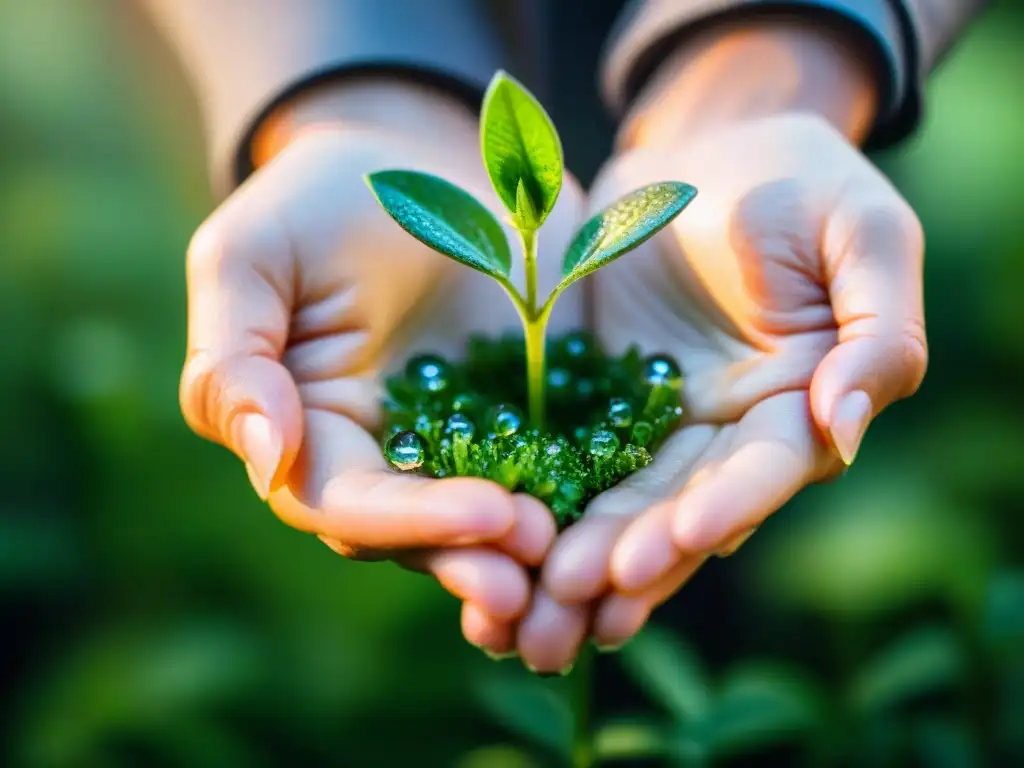 Manos cuidadosas sostienen planta verde con gotas de agua, transmitiendo cuidado y crecimiento