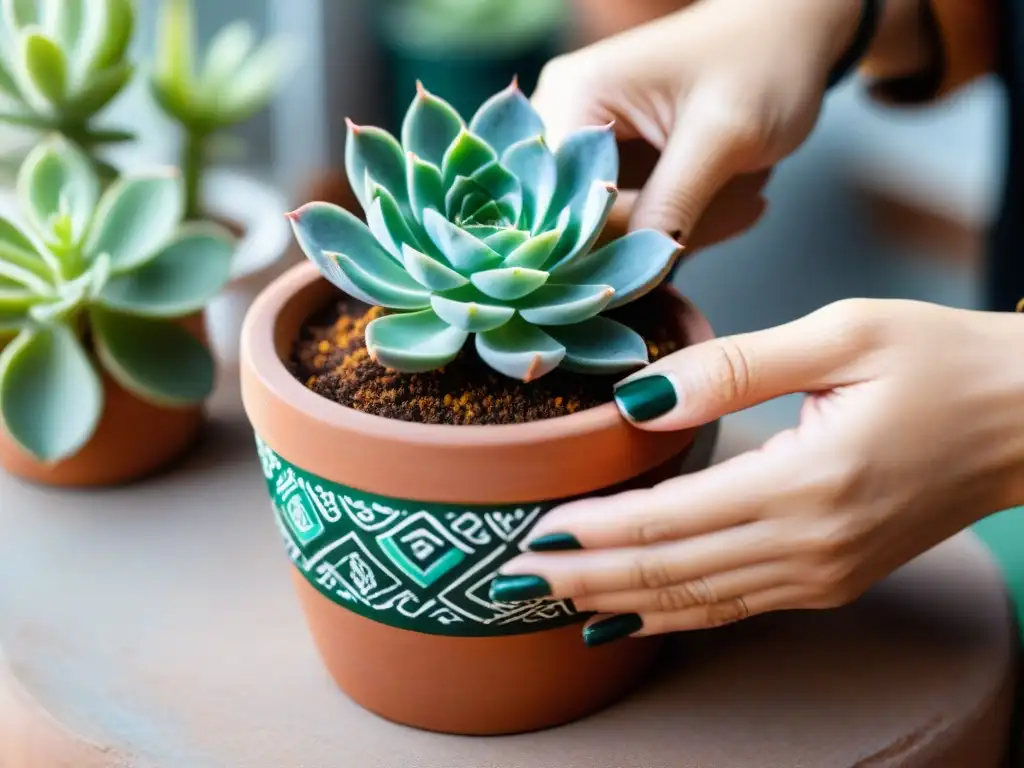 Manos cuidadosas plantando suculenta en maceta terracota pintada a mano