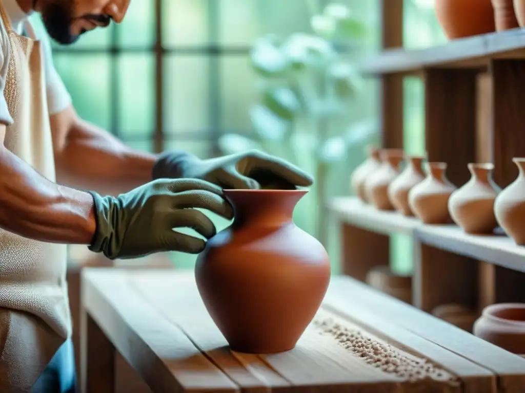 Manos expertas moldeando arcilla en un taller de cerámica artesanal decoración sostenible, con luz natural y ambiente creativo