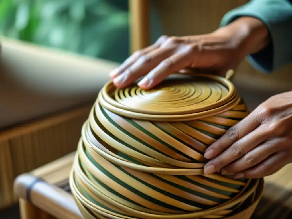 Las manos expertas de un artesano tejiendo una cesta de bambú, resaltando la artesanía y el diseño sostenible