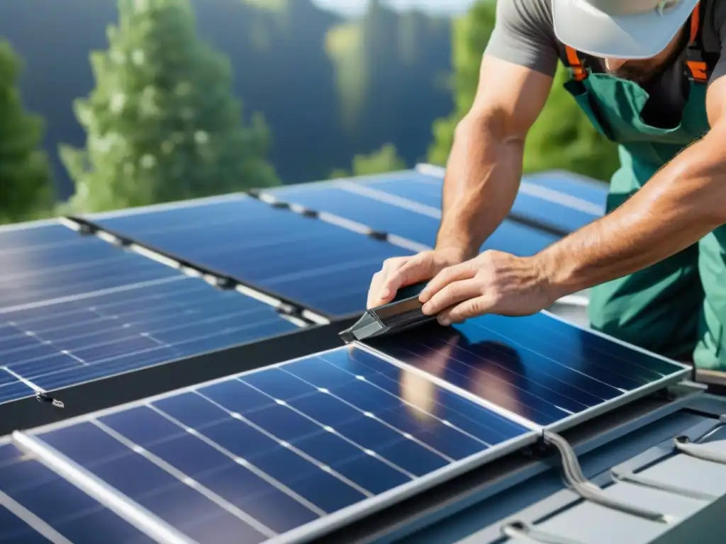 Manos expertas conectando cables de paneles solares en casa eco, bajo cielo azul y árboles verdes