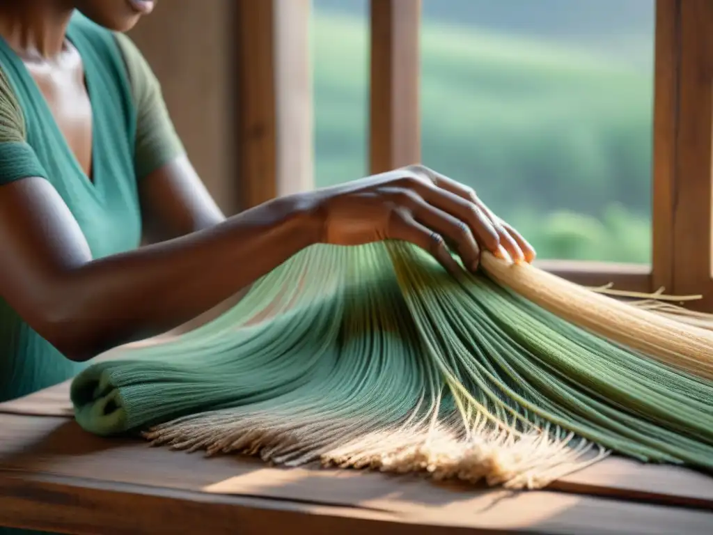 Manos expertas tejen diseño circular con materiales naturales en ambiente artesanal y ecoamigable