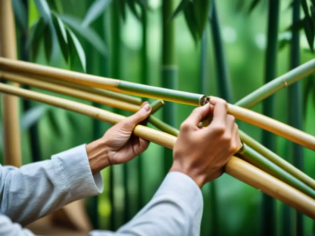 Manos expertas creando una estructura de bambú, reflejando precisión y dedicación en la construcción sostenible con bambú