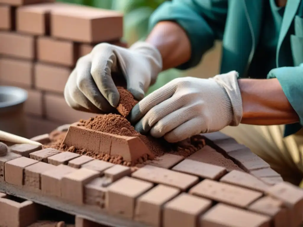 Manos expertas moldeando ladrillos de arcilla, mostrando la artesanía de la arquitectura tierra ecológica