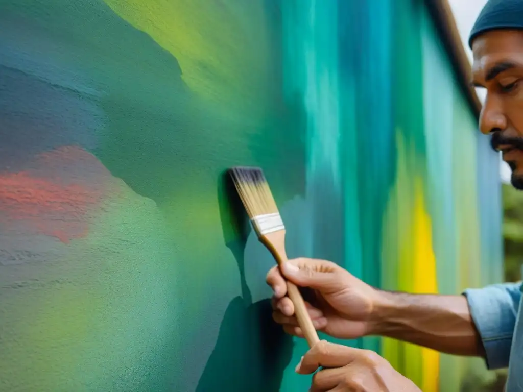 Artesano eco-aplica pintura en pared: detalle y color vibrante Manos expertas aplican pintura ecológica en una pared, destacando colores vibrantes y detalles