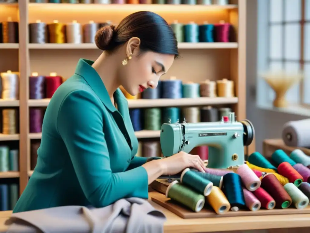 Manos expertas cosiendo prendas únicas con tela reciclada, en un taller de moda circular sostenible empresa