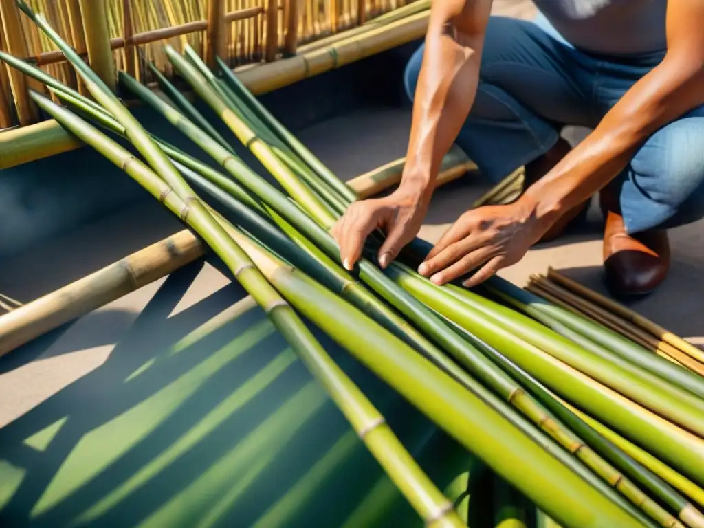 Manos hábiles tejiendo bambú para construcción sostenible