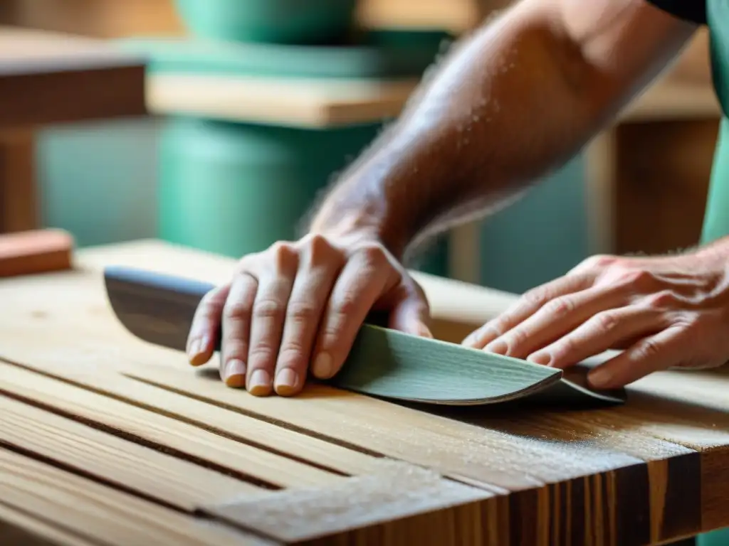 Manos hábiles restaurando una mesa de madera vieja, con partículas de madera en el aire