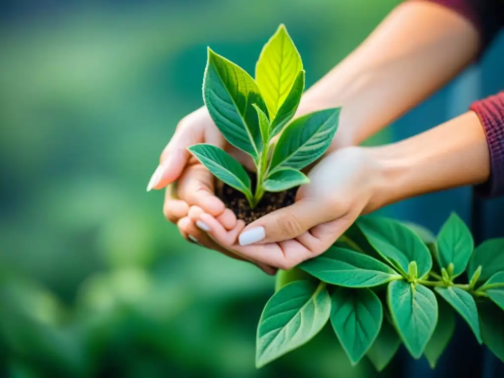 Manos sostienen hojas verdes, simbolizando la conexión entre naturaleza y finanzas