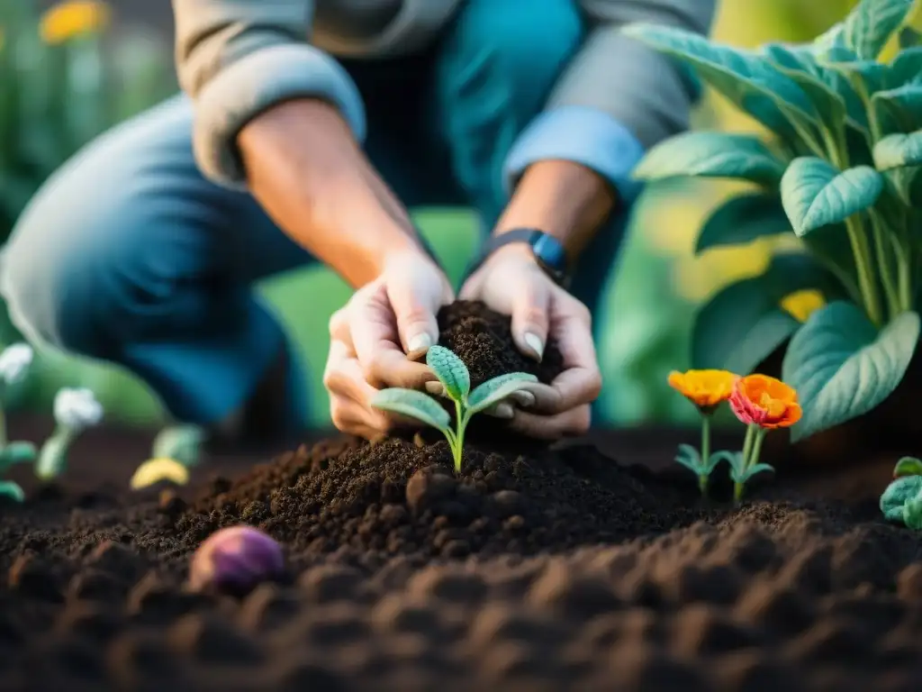 Manos de jardinero plantando flores coloridas en tierra oscura, reflejando los principios de diseño de jardines sostenibles