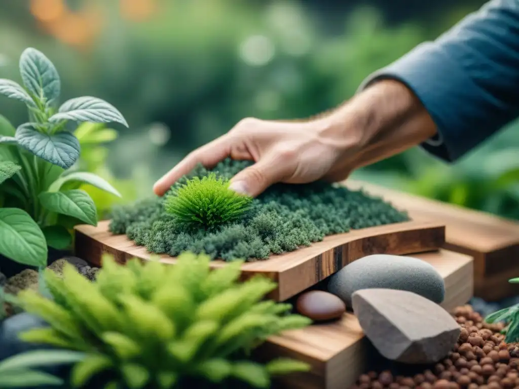 Manos seleccionando materiales sostenibles para paisajismo, reflejando conciencia ambiental y colaboración