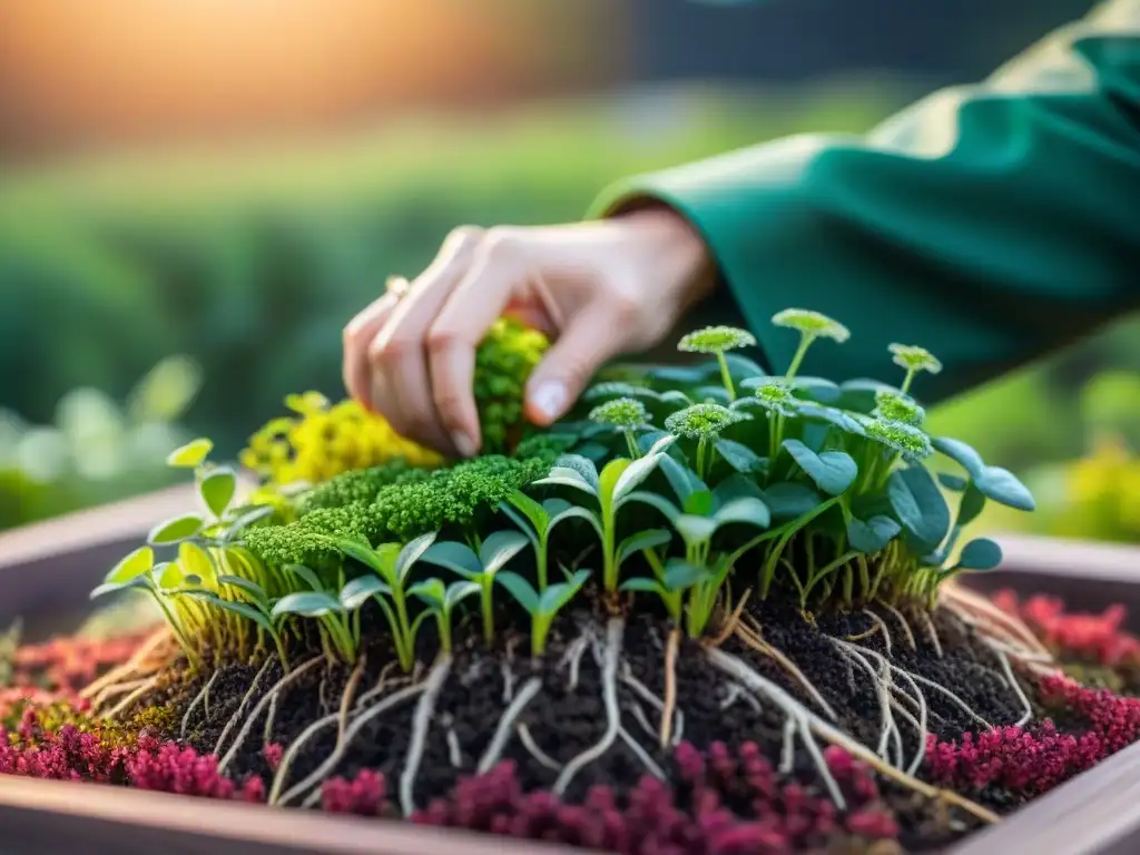 Plantando vida en bioconstrucción: detalle fascinante y biodiverso Manos colocan planta sobre bioconstrucción con materiales vivos sostenibles, mostrando biodiversidad y armonía con la naturaleza