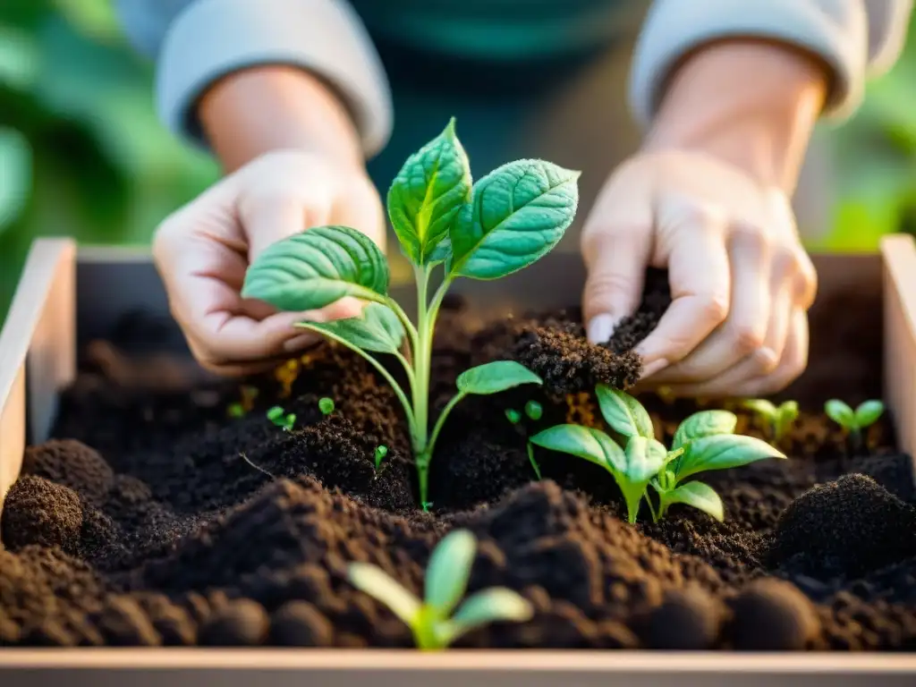 Manos plantando cuidadosamente plántulas verdes en huerto urbano en espacio reducido