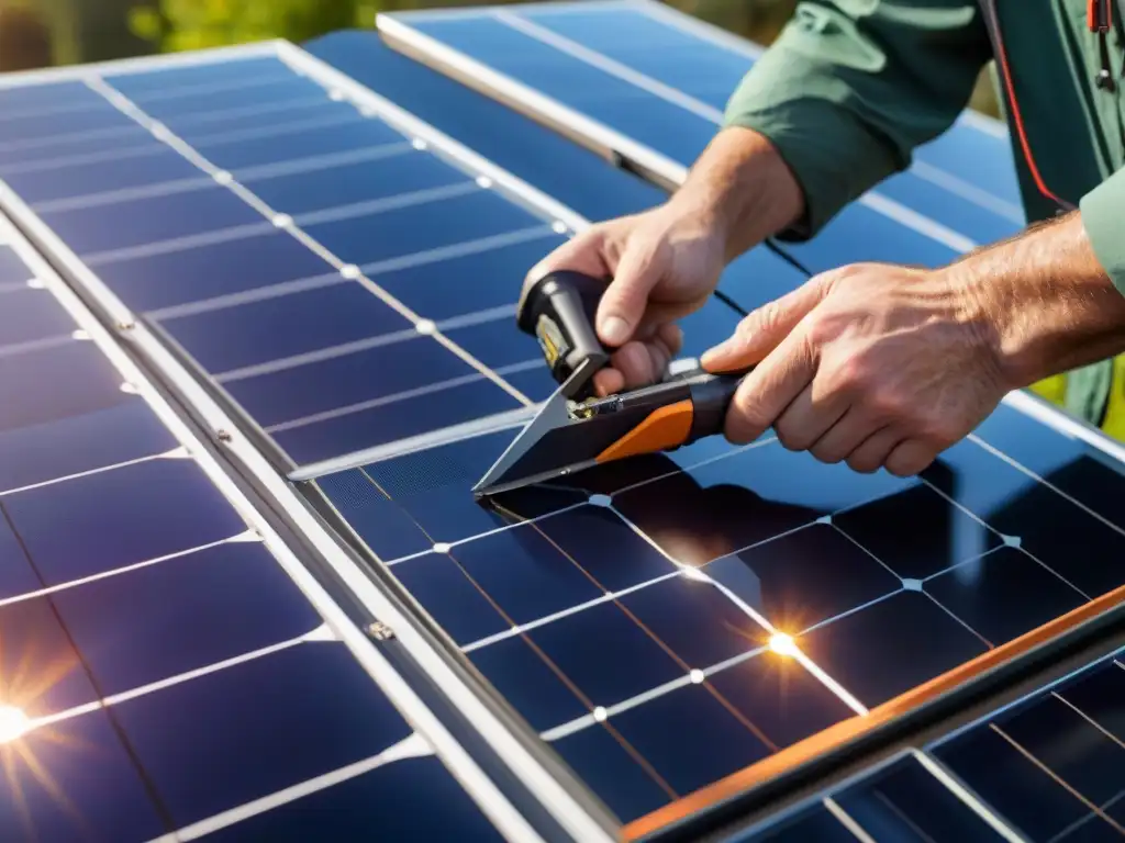 Manos de técnico realizando mantenimiento en panel solar, enfocadas en detalle para potenciar eficiencia y vida útil