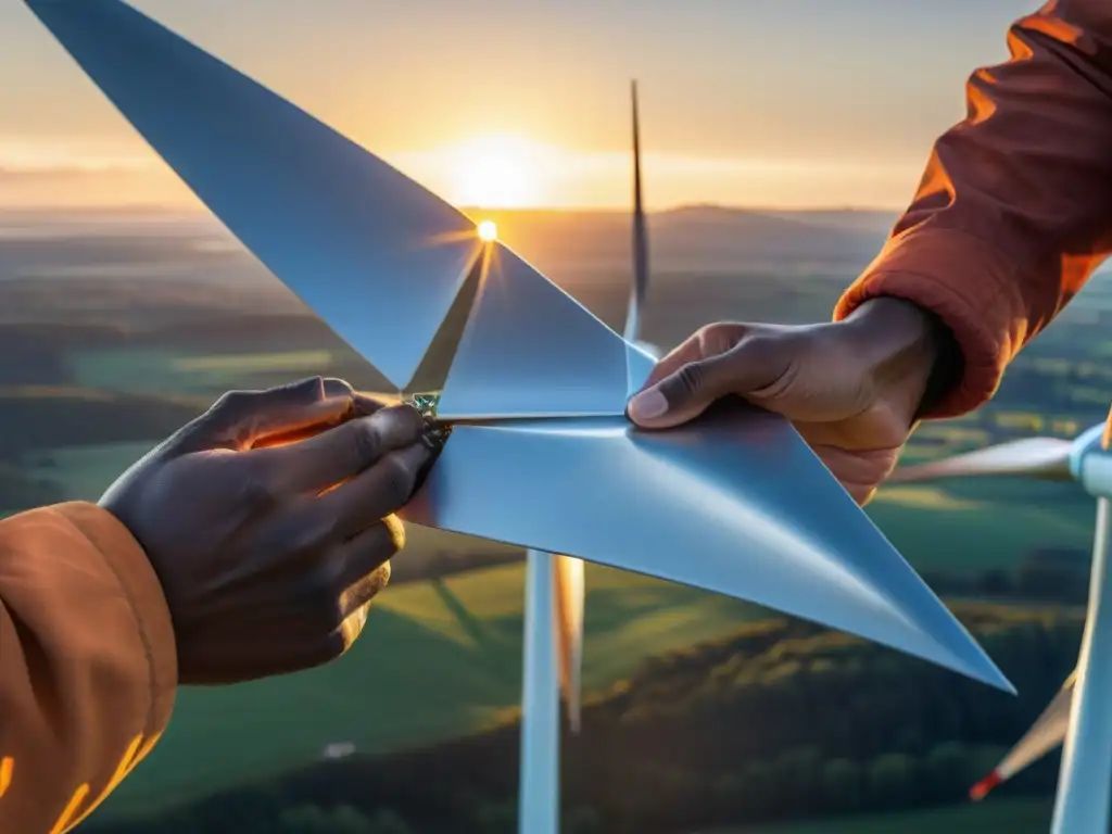 Manos construyendo turbina eólica en casa al atardecer, reflejando dedicación y precisión