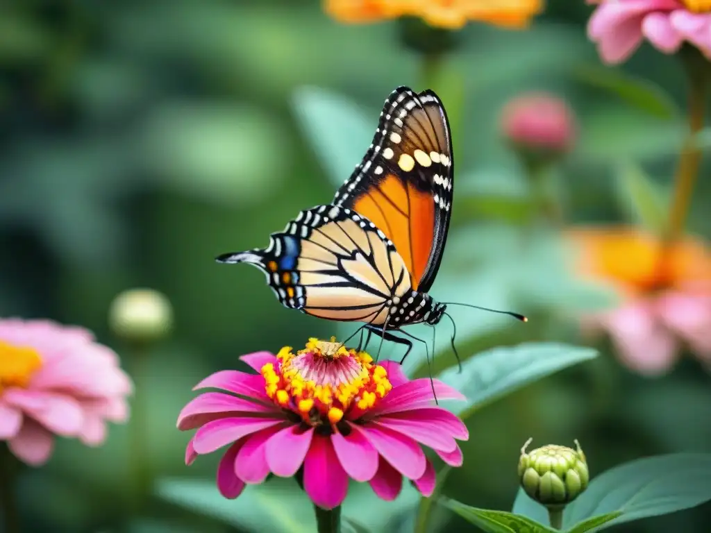 Una mariposa monarca naranja y negra sobre una flor rosa en un huerto urbano, rodeada de abejas