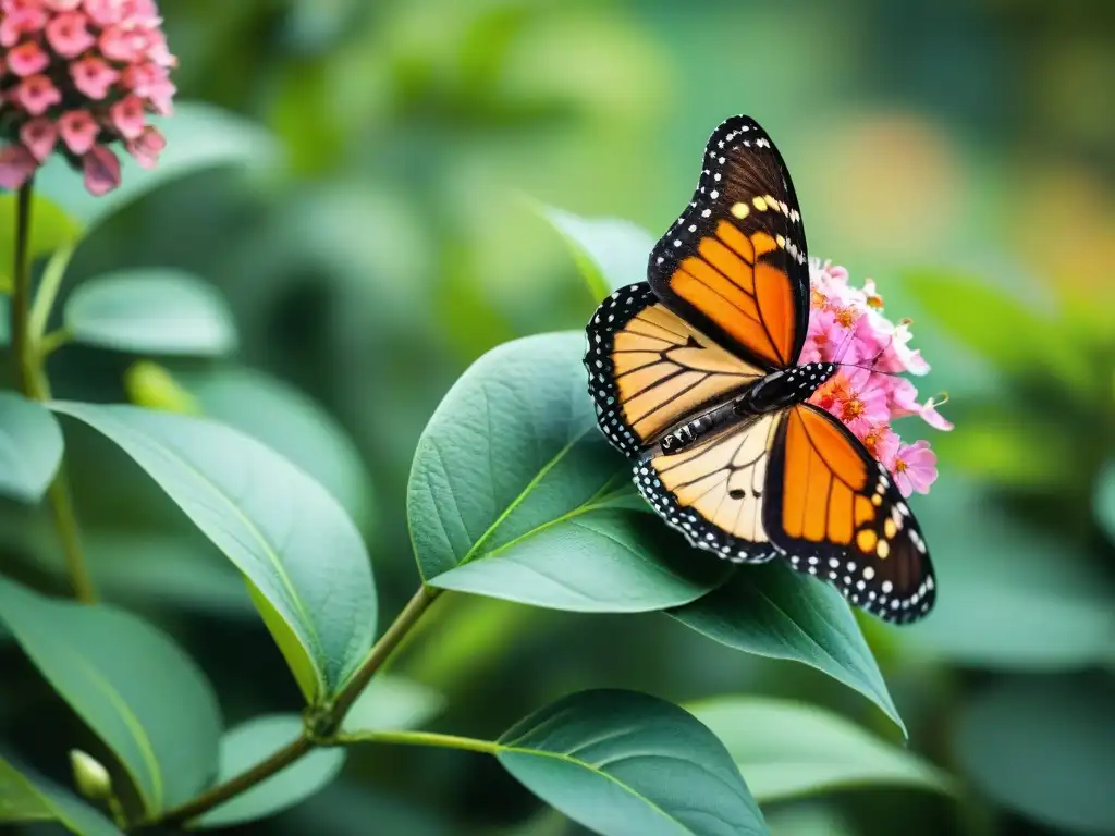 Una mariposa Monarca vibrante y detallada libando néctar de una flor rosa en un jardín soleado