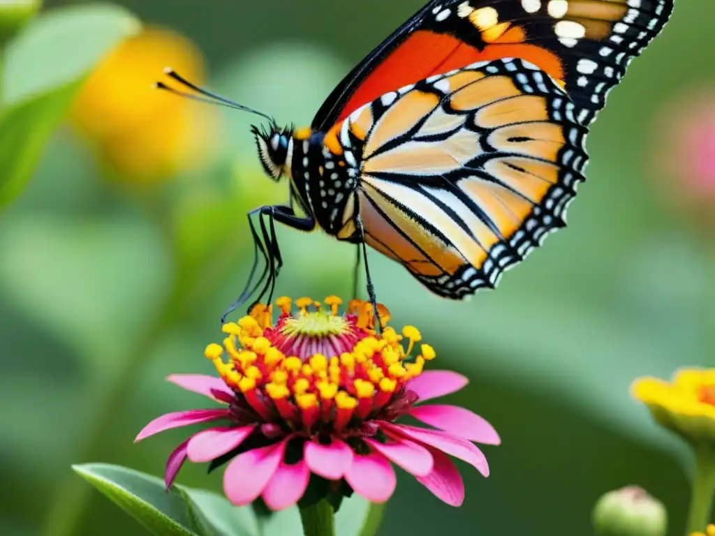 Una mariposa Monarca vibrante y detallada se posa en una flor rosa, mostrando la belleza de las abejas y mariposas en huerto urbano