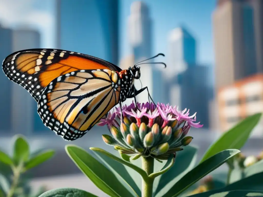 Una mariposa monarca vibrante aterrizando con suavidad en una flor de algodoncillo colorida en un jardín urbano bullicioso