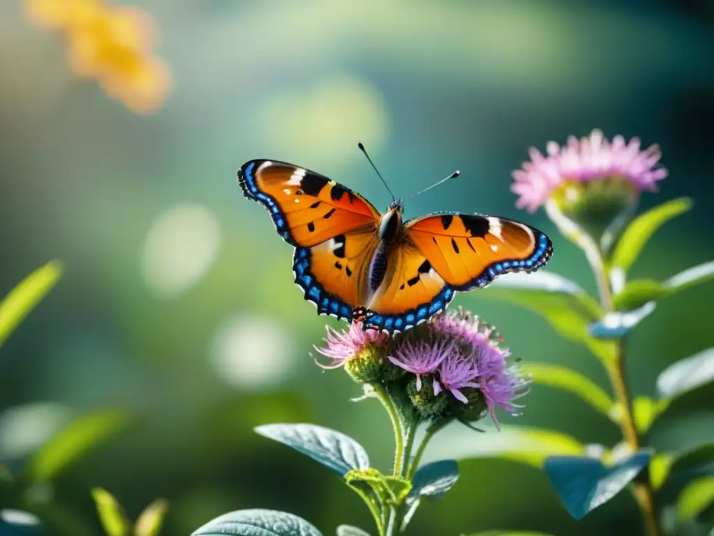 Un mariposa vibrante en un jardín sostenible, rodeada de flores y polinizadores en armonía