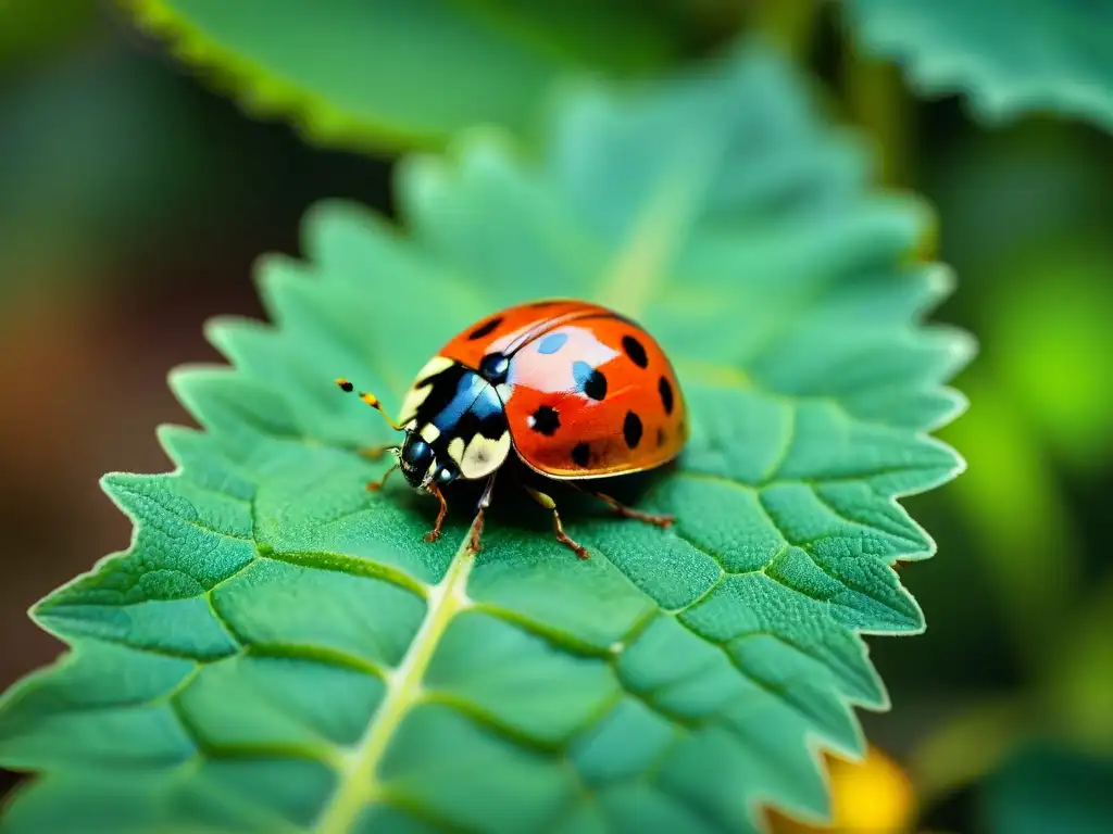 Una mariquita delicada sobre hoja verde en jardín biodiverso