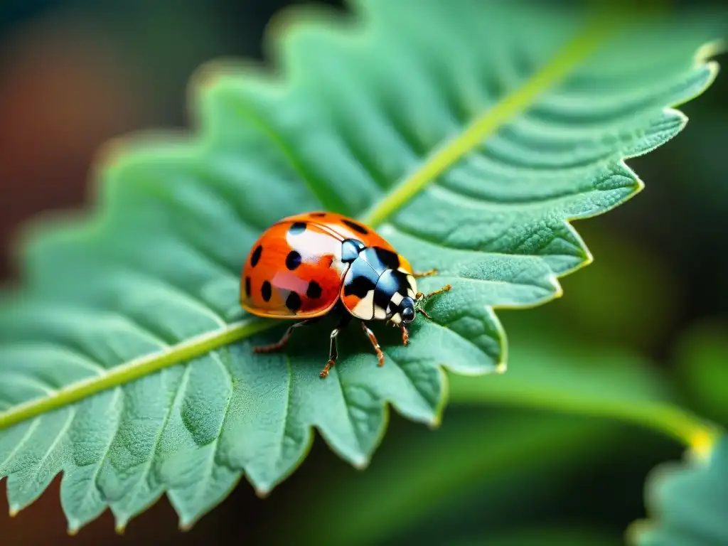 Detalles de una mariquita en hoja verde: naturaleza en enfoque Una mariquita en detalle sobre hoja verde, resaltando su bello cuerpo rojo y negro
