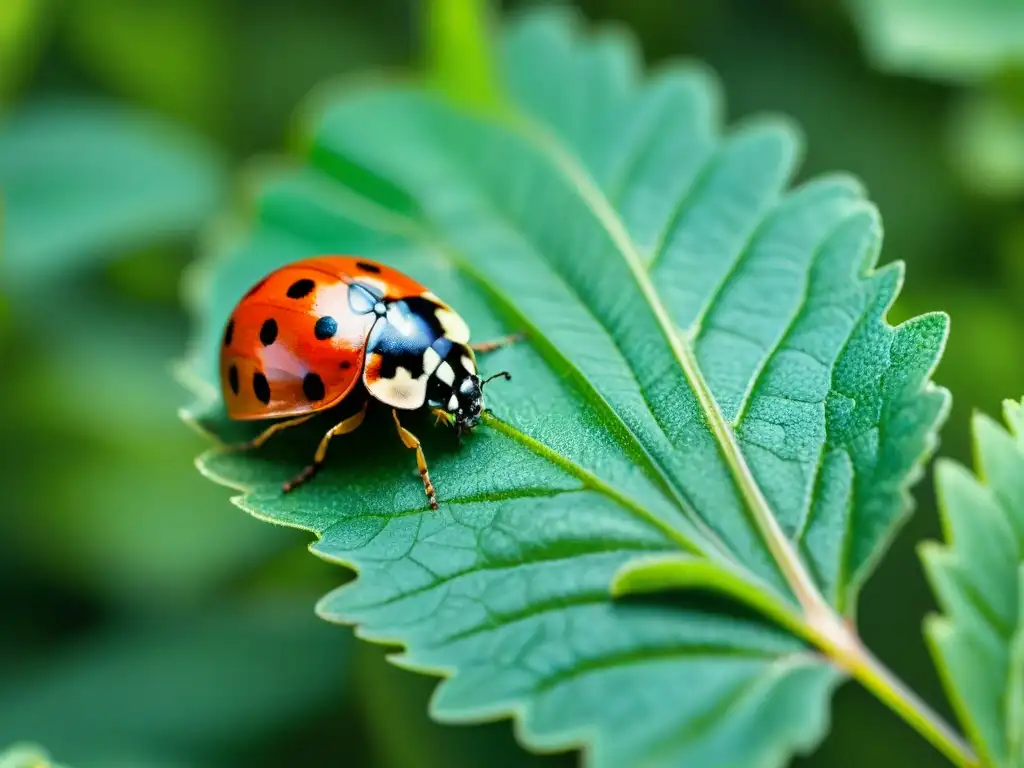 Maravilla natural: Mariquita en hoja verde Una mariquita roja y negra en una hoja verde brillante, ejemplificando el control de plagas natural ecológico en acción