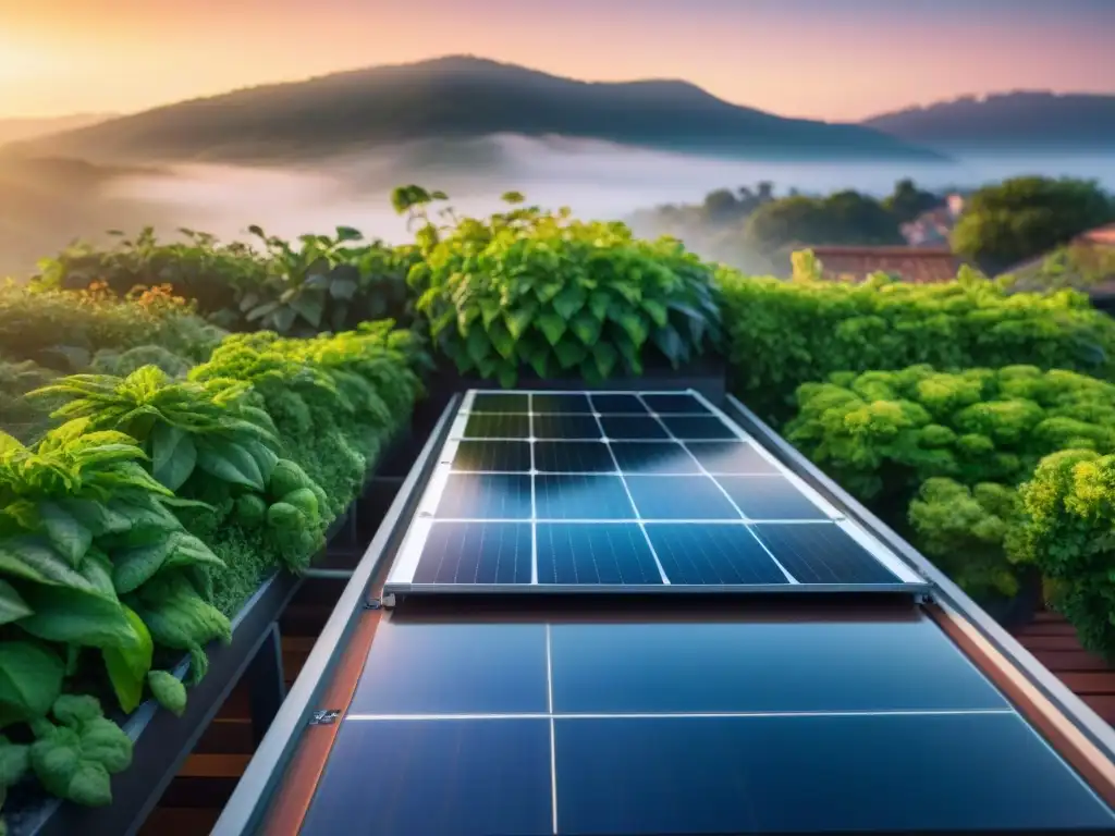 Marketing viviendas sostenibles mercado: Tejado verde con paneles solares al atardecer, arquitectura ecofriendly