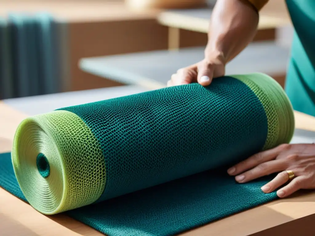 Materiales sostenibles en diseño de interiores: Detalle de material único, elaborado con plásticos reciclados y fibras naturales, en un taller moderno