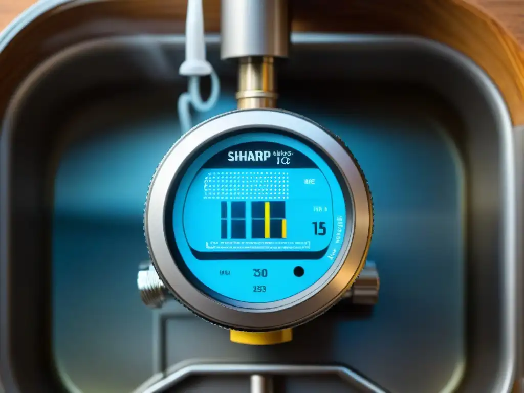 Medidor de agua inteligente bajo fregadero con datos en pantalla, gotas cayendo